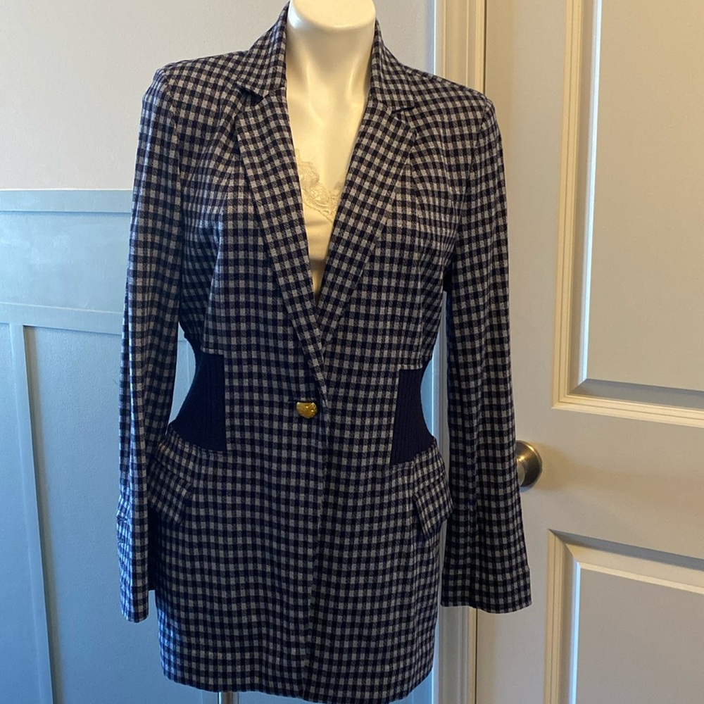 Cabi checkup blazer navy white plaid gold buttons